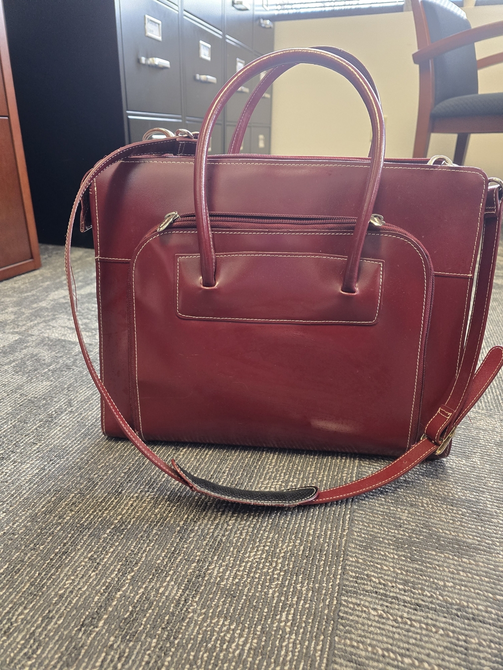 Sleek Red McKlein Leather Laptop Tote with Top Handles and Shoulder Strap